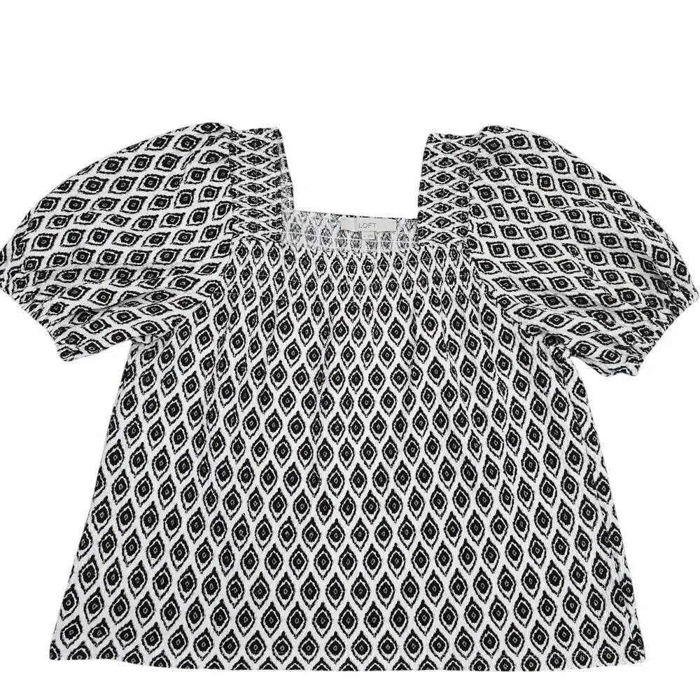 Women’s Geometric Pint Puff Sleeve Blouse Sz M Crinkle Minimalist Chic Workwear